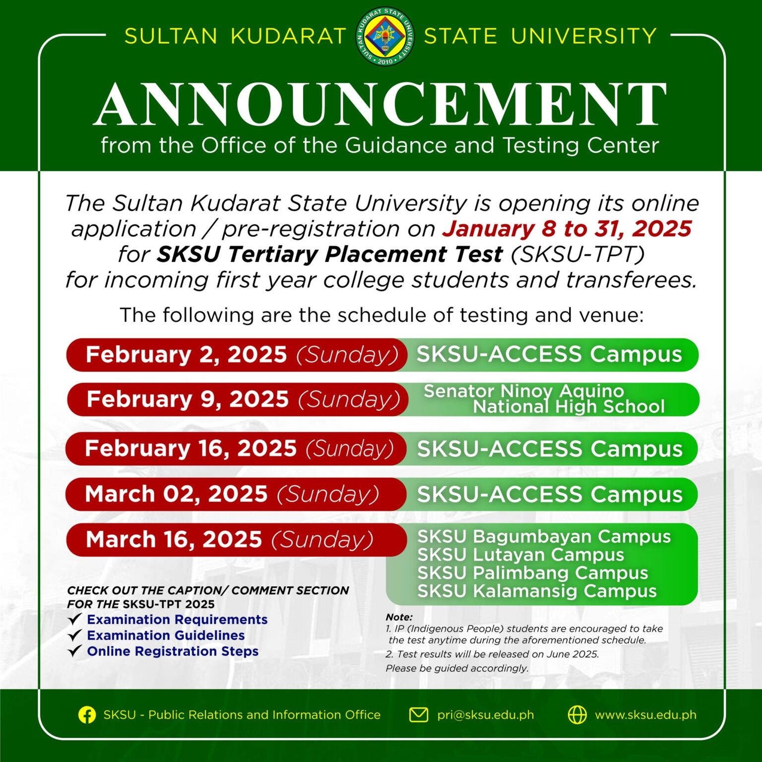 LOOK The SKSU Guidance and Testing Center announces the schedule for